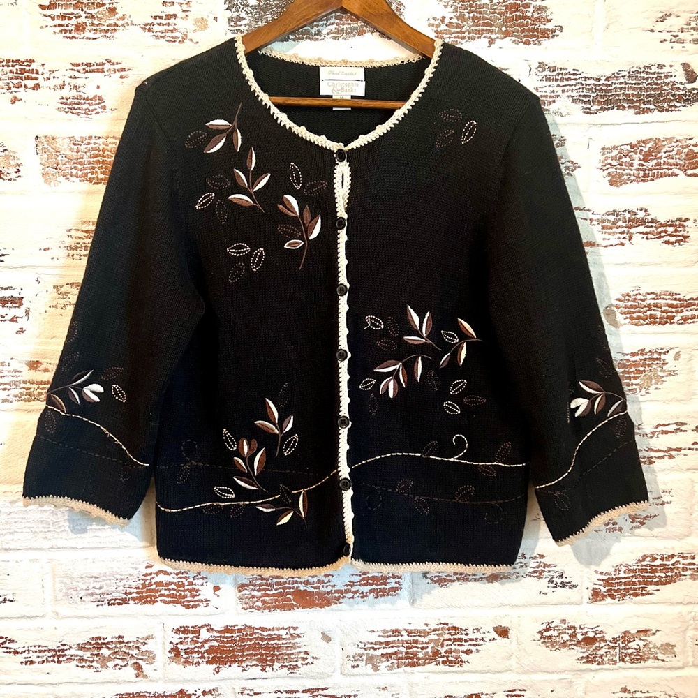 Christopher & Banks Cardigan Sweater Hand Crochet Embroidered Fall Size M
